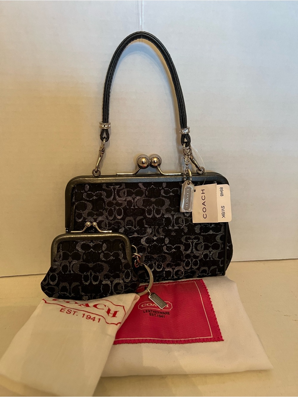 NWT LUREX METALLIC BLACK/SILVER SIGNATURE C FRAMED KISSLOCK  BAG/COIN SET 8948